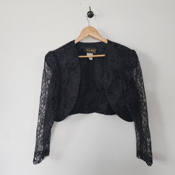 Vintage Cropped Lace Black Blazer Formal Goth 80s 90s Large - Picture 1 of 7